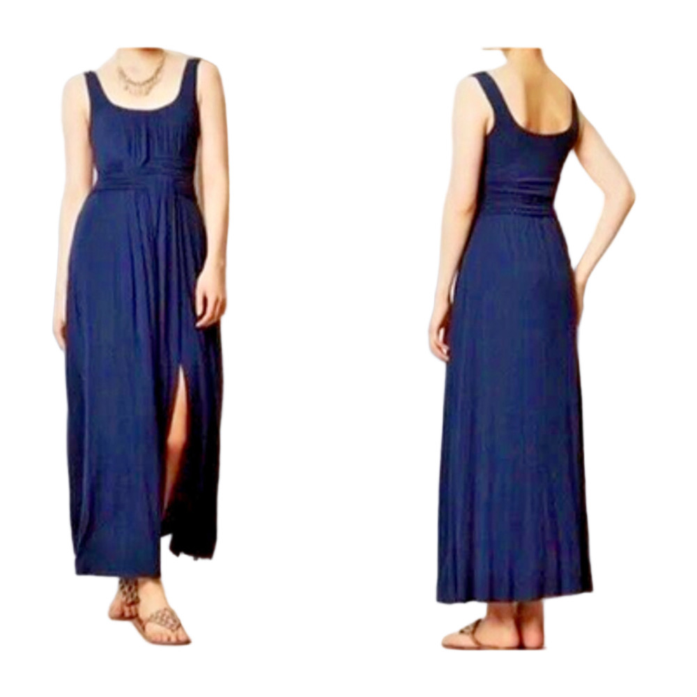 Bailey 44 Maxi Dress Women's Sz S Navy Blue Jersey Side Slit Scoop Neck Ruched